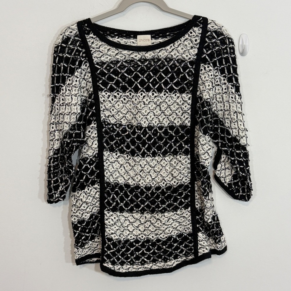 Chicos Womens Sweater 2 Large Black White Striped Crochet Open Knit Metallic